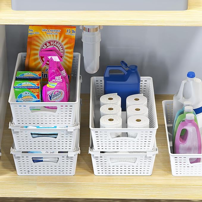 Simple Houseware Plastic Stackable Storage Basket Pantry Organizer, 6 Pack, 14.5" x 8.5" x 3.5", White