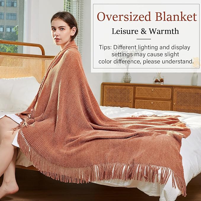 Blagic Knitted Throw Blanket for Couch Soft Farmhouse Boho Throw Blanket with Tassels Home Decorative Lightweight Throw Blankets,Maple Brown Throws for Bed/Chair/Sofa, Stripe Textured,50" W x 60" L