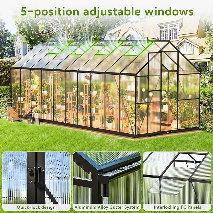 Wanan 8x20FT Greenhouses for Outdoors, Quick Assembly Polycarbonate Green House with UV Protection, Heavy Duty Windproof Aluminum Frame, Adjustable Roof Vent for Backyard or Outdoor Garden Use