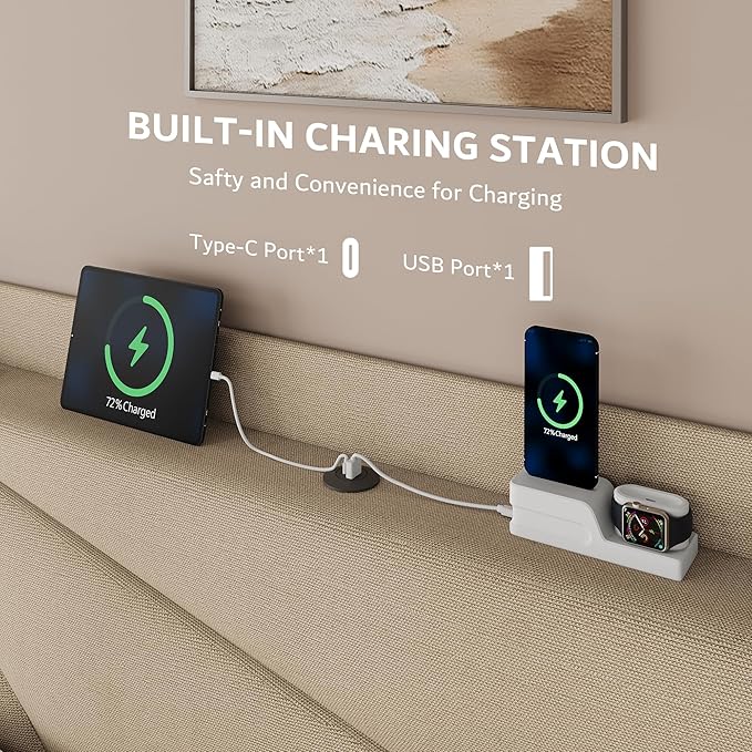 iPormis Full Size Bed Frame with Charging Station, Linen Platform Bed Frame with Wingback Upholstered Headboard, Solid Wood Slats Support, No Box Spring Needed, Easy Assembly, Beige