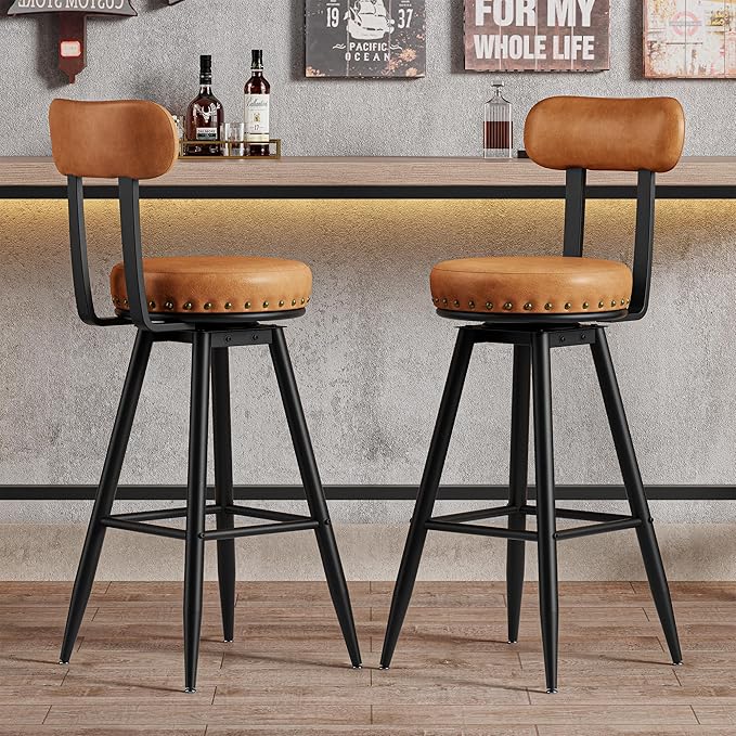 IRONCK Counter Height Bar Stools Set of 2, 30" Swivel Barstools with Backs, Hand-Riveted Design, Wide Seat, PU Leather Upholstered, Armless Bar Chairs for Kitchen Island, Brown