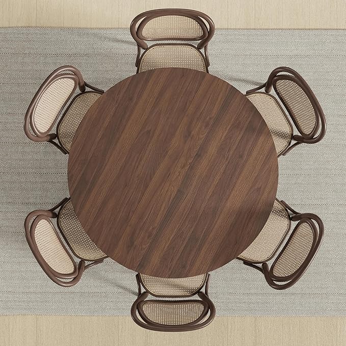 Casaphoria 52" Round Dining Table, Modern Kitchen Table for 6, Scratch-Resistant Top & Rattan Base, Farmhouse Dinner Table for Living Room, Kitchen, Bar, Easy Assembly, Walnut