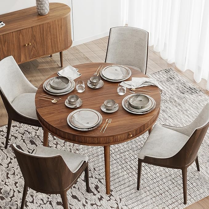 WERMO 47'' Round Dining Table for 4 People - Pre Assembled Round Kitchen Table with 2 Hidden Storages (Walnut)