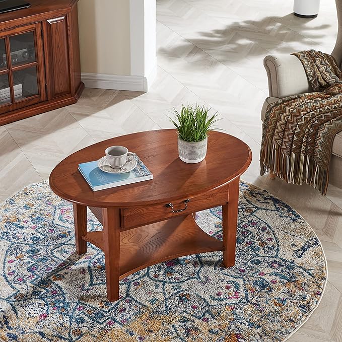 Haven Ridge One Drawer Solid Wood Oval Coffee Table with Shelf, Medium Oak Brown – Leick Home, 9044-MED
