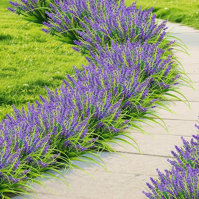 24 Bundles Artificial Lavender Flowers for Outdoors, UV Resistant Faux Plants, Monkey Grass, Fake Plastic Flowers for Porch, Garden, Window Box, Office & Home Decor