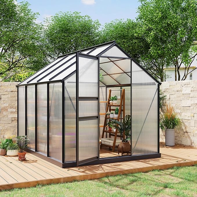 6X8 FT Outdoor Walk in Greenhouse,Polycarbonate Green House Vented Roof Window,Heavy Duty Greenhouse with Aluminum Frame for Backyard Patio Gardening