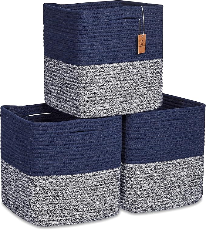 NaturalCozy Storage Cubes 11 Inch Cotton Rope Woven Baskets for Organizing, 3-Pack | Cube Storage Bin | Square Storage Baskets for Shelves Organizer, Classroom, Kids Toy Bins, Closet, Baby Nursery