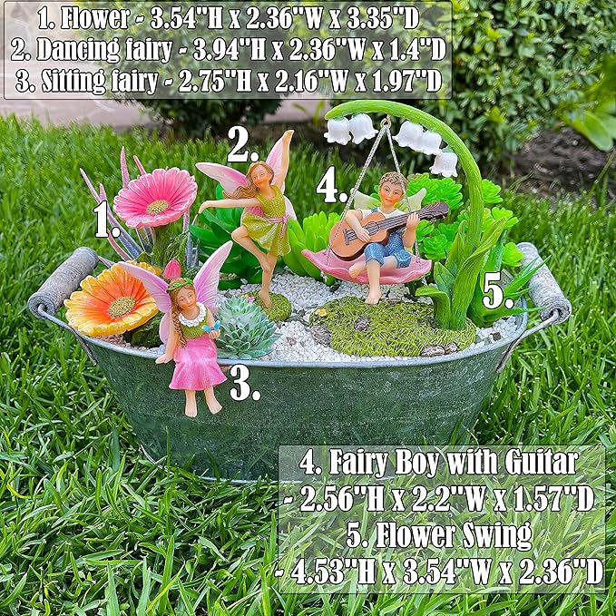 Mood Lab Fairy Garden - Dancing Swing Accessories Kit of 5 pcs - Miniature Garden Figurines Set - Outdoor or House Decor