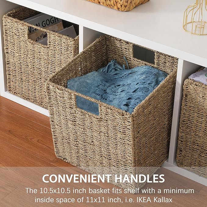 10.5 x 10.5in Seagrass Storage Baskets Set of 4, Cube Foldable Woven Storage Baskets for Shelves, Decorative Seagrass Shelf Basket