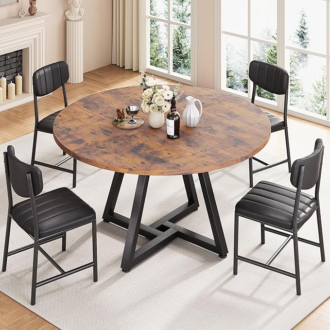 42“ Round Kitchen Dining Room Table for 2-4, Circle Dining Dinner Table with Pedestal Metal Frame, Space Saving Wood Industrial Furniture for Small Space (Rustic Brown, 42IN)