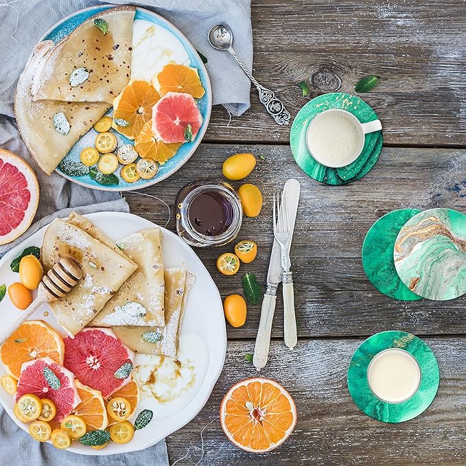 Dooke Coasters for Drinks,Round Absorbent Ceramic Stone Coasters Set of 6 with Cork Base,Funny Drink Coasters with Holder for Cold Drinks Wine Cups Tabletop Protection,4 Inches,Turquoise Green Marble