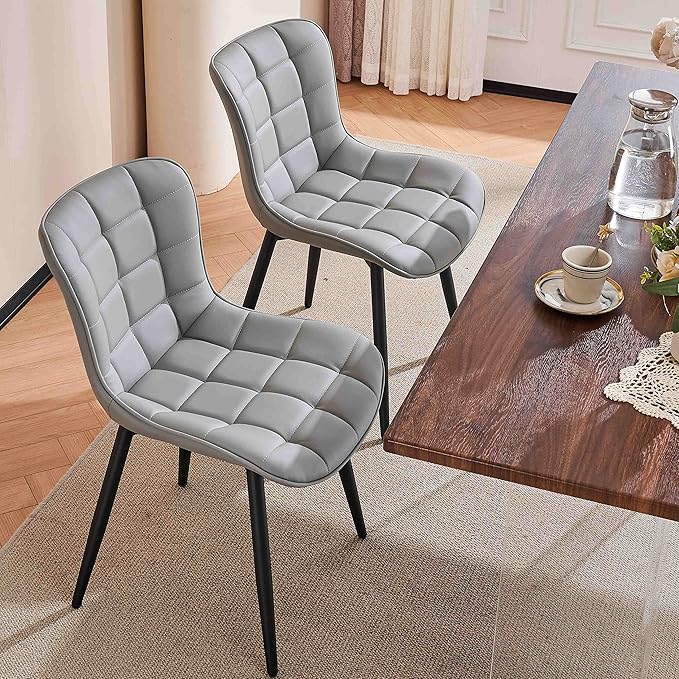 YOUTASTE Dining Chairs Set of 2 PU Leather Upholstered Modern Kitchen&Dining Room Chairs with Back Metal Legs Armless Accent Guest Dinner Chairs for Vanity Reception Waiting Room,Grey