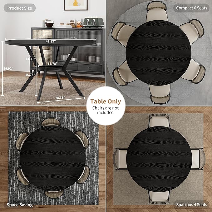 Black Dining Table for 4, 42 Inch Round Kitchen Table with Storage, Wooden Circle Dinner Table with Metal Legs, Rustic Mid Century Modern Dining Room Tables for Kitchen, Living Room, Dining Room