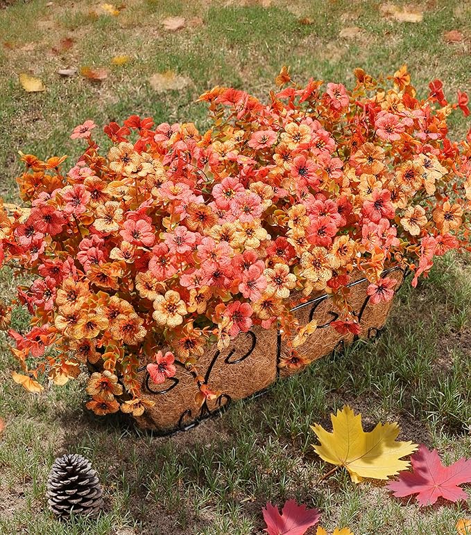 Artificial Fall Flowers Fake Mums for Outdoor Autumn Decoration, 12 Bundles Faux Silk Orange Yellow Mums Daisy Look Real UV Resistant for Outside Home Porch Patio Planter