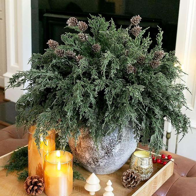 Faux Cedar Stems Artificial Norfolk Pine Branches for Christmas Decor, 12 PCS Fake Pine Stems with 2 PCS Pine Cones Branches Real Touch Realistic Faux Greenery for Vases DIY Garland Xmas Table Indoor