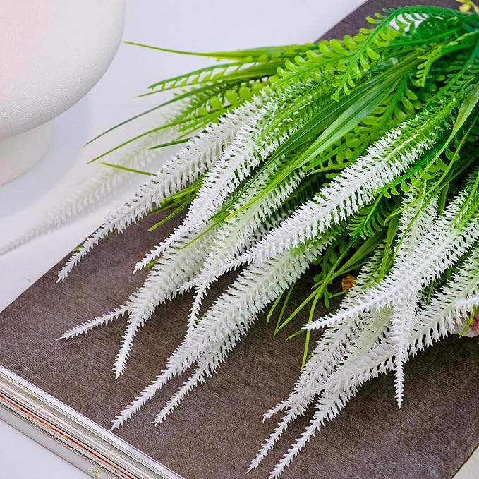 12 Bundles Outdoor Artificial Plants Flowers UV Resistant Fake Grass Plants Tropical Faux Bushes Shrubs for Home Front Porch Outside Planter Garden Landscape Décor