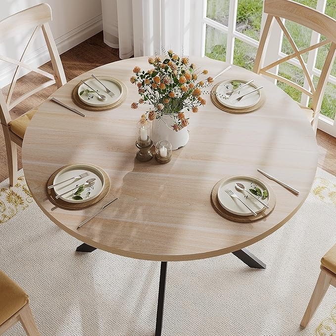 ChooChoo 47.2 Inch Round Dining Table for 4, Farmhouse Wood Kitchen Table, Circle Dinner Table for Kitchen & Dining Room, Natural Oak