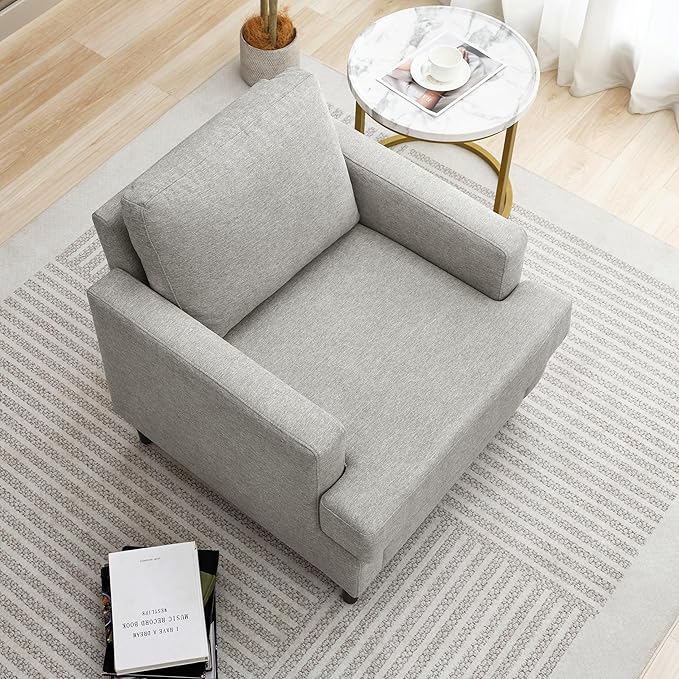 Mid-Century Accent Chair,Modern Linen Fabric Armchair for Living Room,Comfy Upholstered Reading Accent Chairs for Bedroom,Single Sofa Chair with Wood Legs (Light Grey, 1 Pack)
