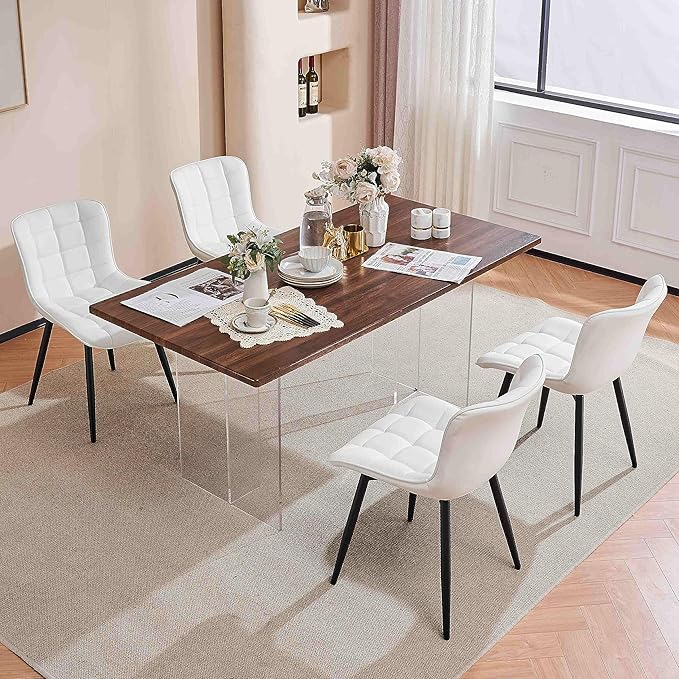 YOUTASTE White Dining Chairs Set of 2, Faux Leather Upholstered Armless Chairs with Back and Black Metal Legs, Mid Century Modern Kitchen Chairs for Living Room, Vanity, or Guest Reception Room