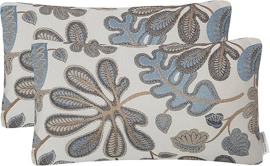 Mika Home Set of 2 Jacquard Tropical Leaf Pattern Oblong Throw Pillow Covers Accent Pillowcase 12X20 Inches,Blue Cream