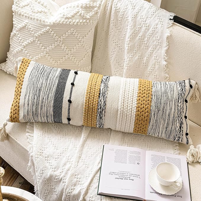 BlissBlush Fall Decorative Lumbar Throw Pillow Cover 14x36 Boho Long Cushion for Bed Yellow Mustard Accent Farmhouse Pillowcase for Bedroom Living Room Couch Sofa Home Décor Cover ONLY