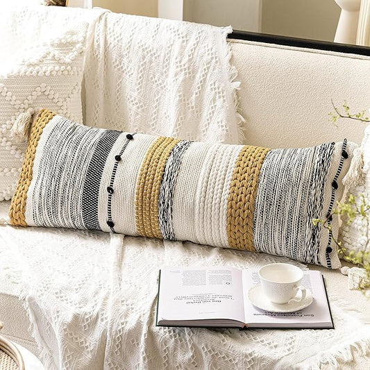 BlissBlush Fall Decorative Lumbar Throw Pillow Cover 14x36 Boho Long Cushion for Bed Yellow Mustard Accent Farmhouse Pillowcase for Bedroom Living Room Couch Sofa Home Décor Cover ONLY