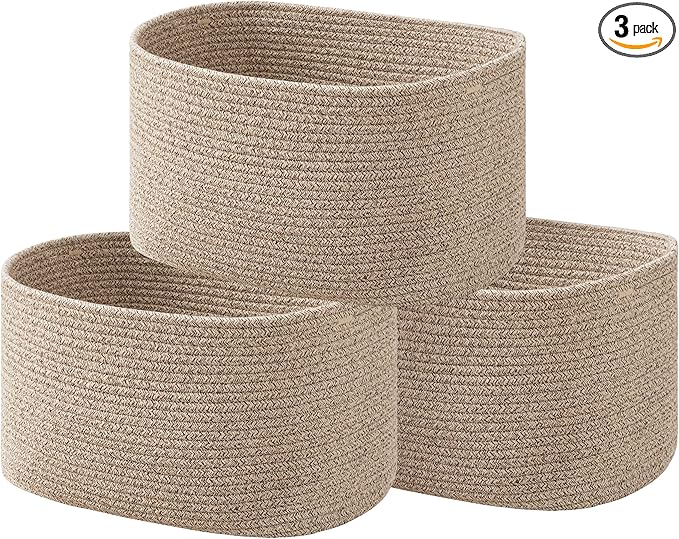 UBBCARE 3-Pack Woven Rope Shelf Baskets - 15x10x9in Decorative Storage Basket for Toys, Kids Playroom, Closet Organization & Cube Storage Organizer | Gift Basket Empty, Light Brown