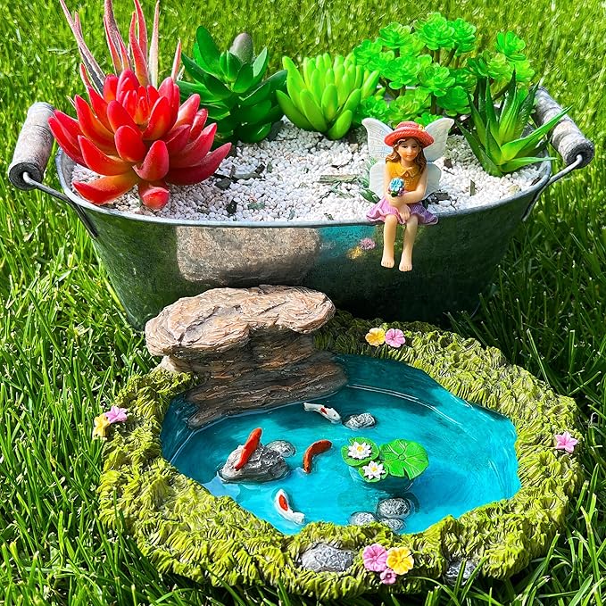 Mood Lab Fairy Garden - Miniature Fish Pond & Fairy Figurine Kit - 2 pcs Set of Garden Accessories - Outdoor or House Decor