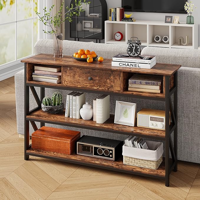 Mexin Console Table with Drawer Shelves, Entryway Table with 3 Tier Storage Shelves, Industrial Wood Hallway Sofa Table for Living Room, Couch, Foyer, Kitchen Counter, 47 Inch Rustic Brown