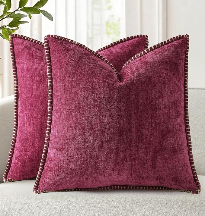 decorUhome Chenille Soft Throw Pillow Covers 26x26 Set of 2, Farmhouse Velvet Neutral Decorative Euro Pillow Covers with Stitched Edge for Couch Sofa Bed Home Decor, Rhododendron