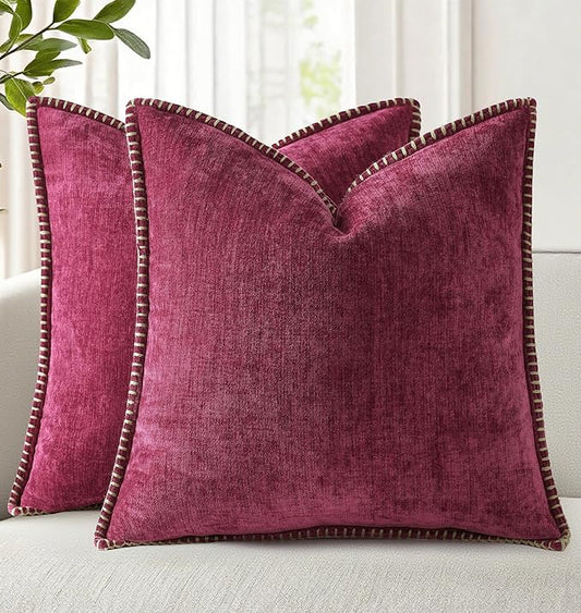 decorUhome Chenille Soft Throw Pillow Covers 20x20 Set of 2, Farmhouse Velvet Neutral Decorative Euro Pillow Covers with Stitched Edge for Couch Sofa Bed Home Decor, Rhododendron