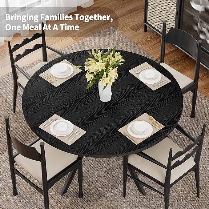 Black Dining Table for 4, 42 Inch Round Kitchen Table with Storage, Wooden Circle Dinner Table with Metal Legs, Rustic Mid Century Modern Dining Room Tables for Kitchen, Living Room, Dining Room