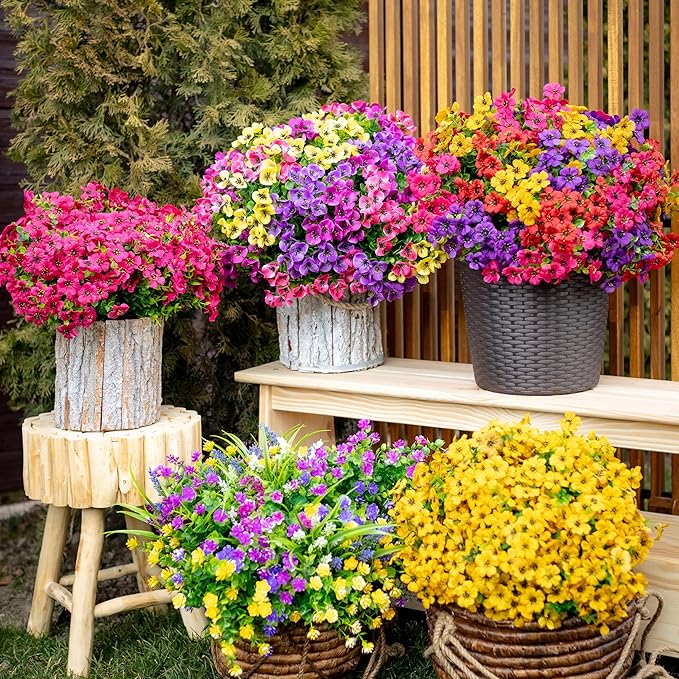 Artificial Flowers Outdoor Fake Plants - 16 Bundles UV Resistant No Fade Faux Shrubs Plastic Greenery Home Garden Porch Patio Decoration (1, Multi02-16pcs)