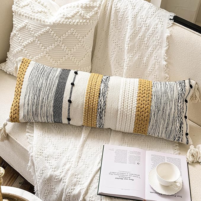 BlissBlush Fall Decorative Lumbar Throw Pillow Cover 14x36 Boho Long Cushion for Bed Yellow Mustard Accent Farmhouse Pillowcase for Bedroom Living Room Couch Sofa Home Décor Cover ONLY