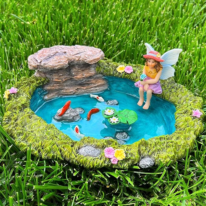 Mood Lab Fairy Garden - Miniature Fish Pond & Fairy Figurine Kit - 2 pcs Set of Garden Accessories - Outdoor or House Decor