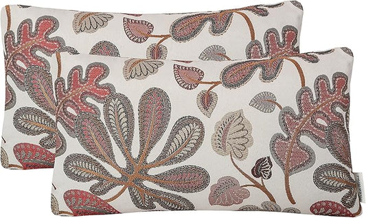 Mika Home Set of 2 Jacquard Tropical Leaf Pattern Oblong Throw Pillow Covers Accent Pillowcase 12X20 Inches,Coral Cream