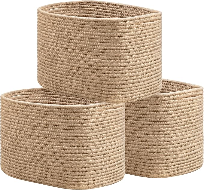 UBBCARE 3-Pack Woven Rope Shelf Baskets - 15x10x9in Decorative Storage Basket for Toys, Kids Playroom, Closet Organization & Cube Storage Organizer | Gift Basket Empty, Brown