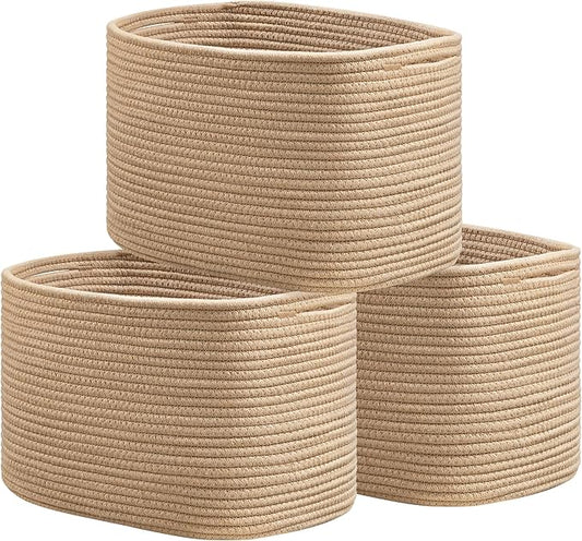 UBBCARE 3-Pack Woven Rope Shelf Baskets - 15x10x9in Decorative Storage Basket for Toys, Kids Playroom, Closet Organization & Cube Storage Organizer | Gift Basket Empty, Brown