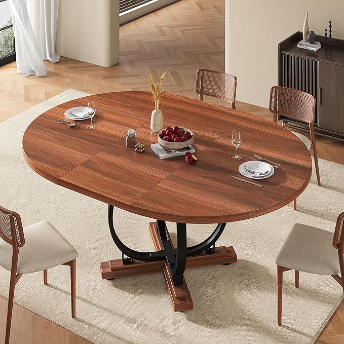 59" Round Extendable Dining Table for 4-6, Modern Oval Kitchen Table with Heavy Duty Curved Legs & Wood X-Based, MDF Board with Spring Buckle, Space Saving, Dining Kitchen Living Room, Walnut