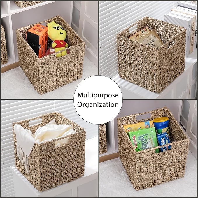 10.5 x 10.5in Seagrass Storage Baskets Set of 4, Cube Foldable Woven Storage Baskets for Shelves, Decorative Seagrass Shelf Basket