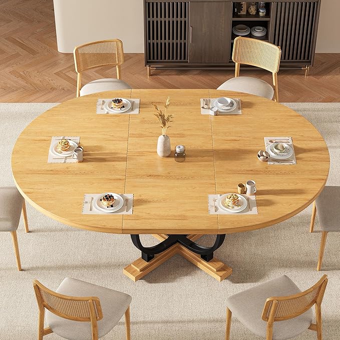 59" Round Extendable Dining Table for 4-6, Modern Oval Kitchen Table with Heavy Duty Curved Legs & Wood X-Based, MDF Board with Spring Buckle, Space Saving, Dining Kitchen Living Room, Oak