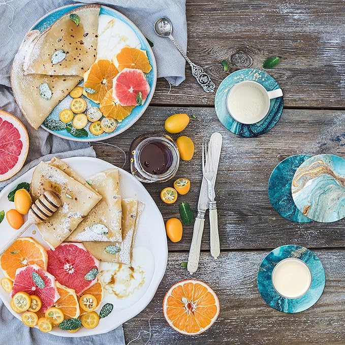 Dooke Coasters for Drinks, Round Absorbent Ceramic Stone Coasters Set of 6 with Cork Base,Funny Coaster with Holder for Cold Drinks Wine Mugs and Cups Tabletop Protection, 4 Inches,Teal Marble