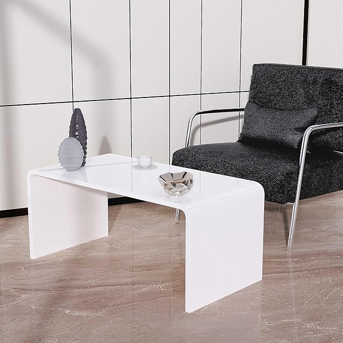 32 Inch Ceramic-Gloss White Waterfall Rectangle Coffee Table,Morden Afternoon Tea Table, Stubborn Stains Resistance,Easy Clean, Middle Size Table(32 * 16 * 16) fit for 2 seat Sofa