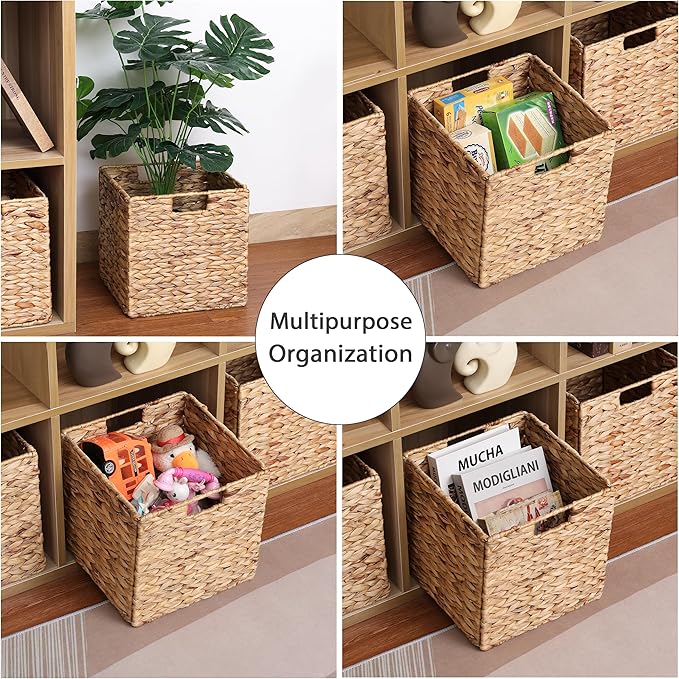 10.5 x 10.5in Wicker Storage Baskets, Cube Foldable Water Hyacinth Storage Baskets for 11 x 11 Cube Shelves Set of 4