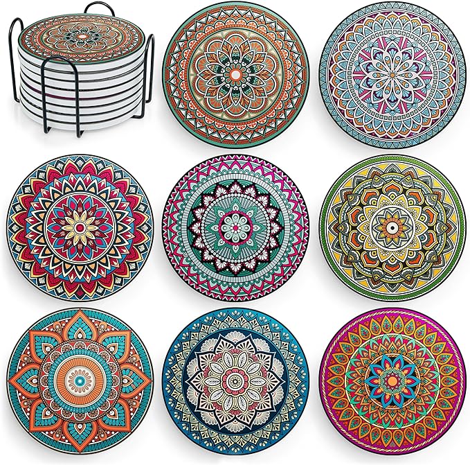Mandala Drink Coasters with Holder - 8 Set Ceramic Boho Coaster for Drinks Absorbent with Cork Base and Black Holder - Coasters for Coffee Table Apartment Wooden Bar Mugs Glasses Cup Beer