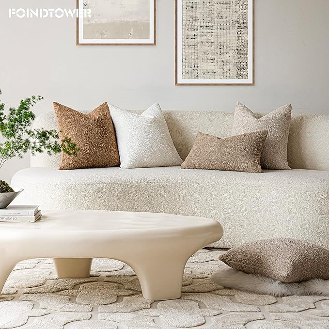 Foindtower Accent Solid Pillow Cases Textured Boucle Throw Pillow Covers Cozy Modern Decorative Couch Cushion Case for Chair Sofa Bed Living Room Home Decor, Pack of 2, 18 x 18 Inch,Tobacco