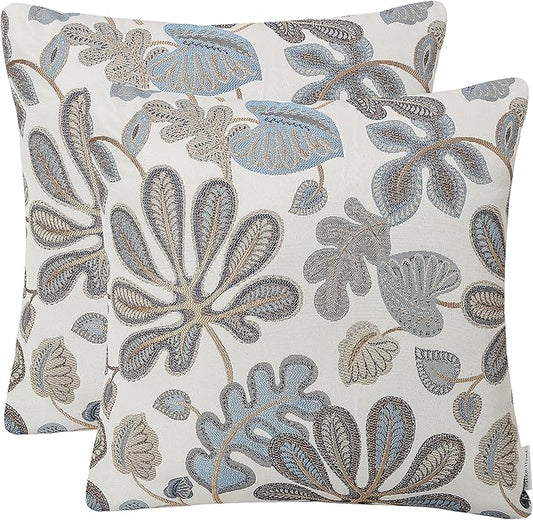 Mika Home Set of 2 Jacquard Tropical Leaf Pattern Throw Pillow Covers Decorative Pillowcase 20X20 Inches,Blue Cream