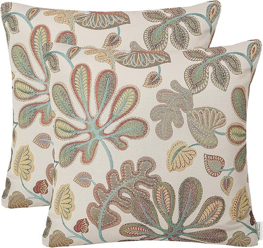 Mika Home Set of 2 Jacquard Tropical Leaf Pattern Throw Pillow Covers Decorative Pillowcase 20X20 Inches,Teal Cream